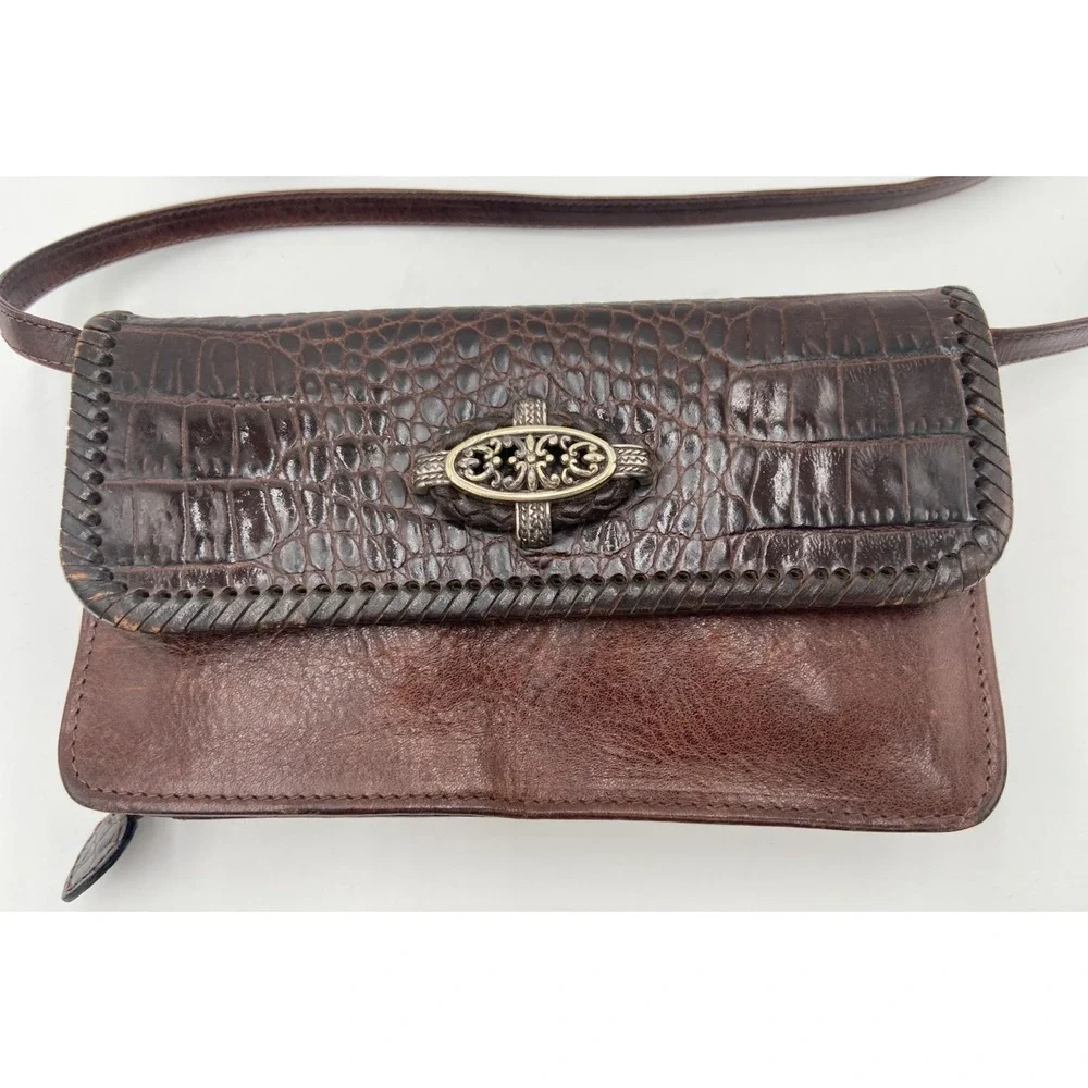 BRIGHTON Vintage Crossbody Purse Wallet Black Brown Leather Strap Travel Clutch